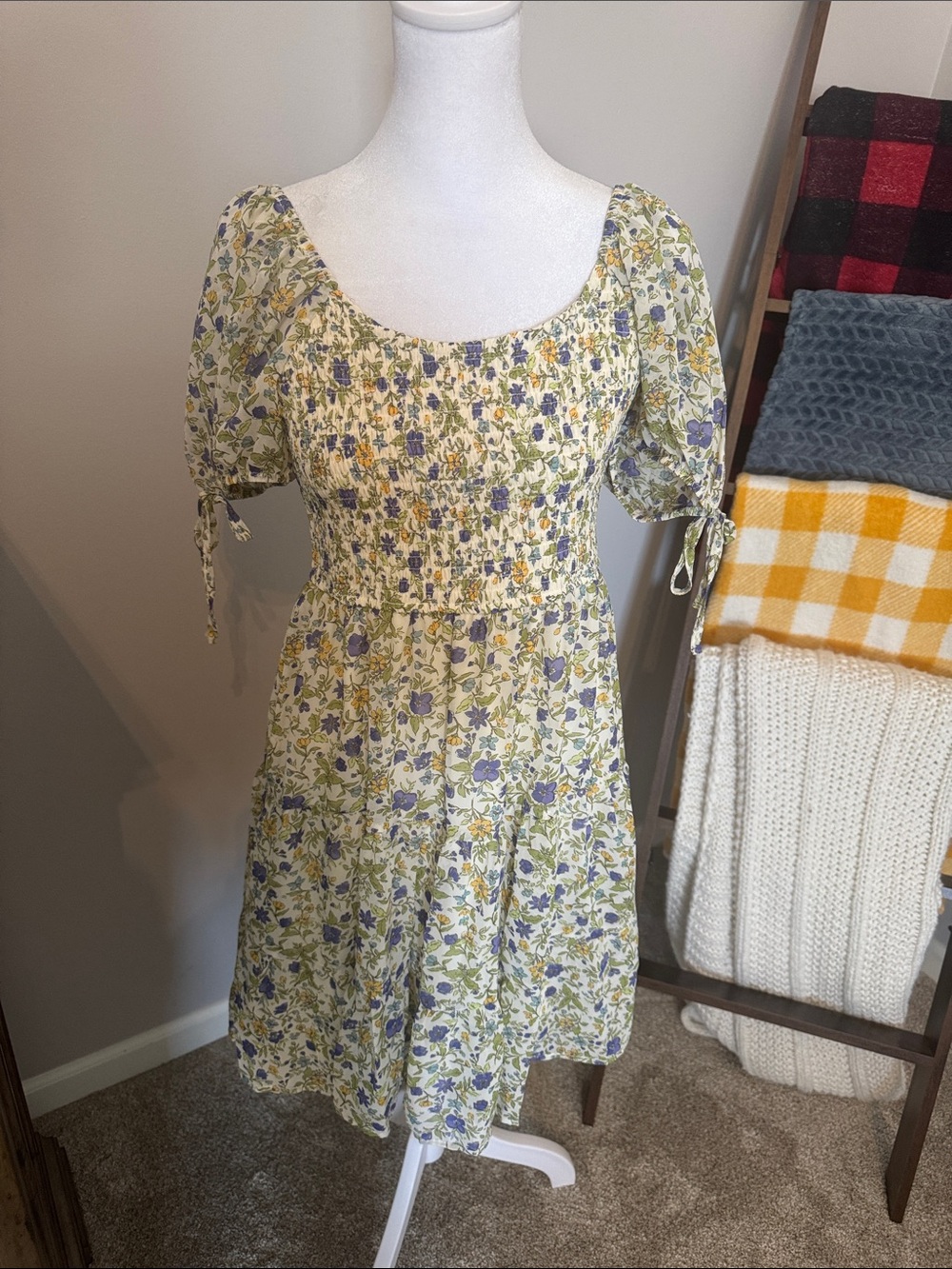 Blu Pepper Yellow Floral Smocked Midi Dress with Lavender Blossoms